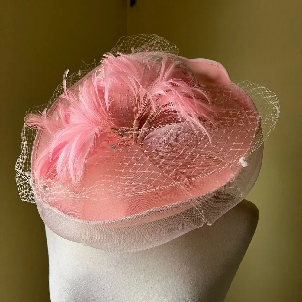 Vintage Pink Feathered Veiled Pillbox Hat - Picture 10 of 10